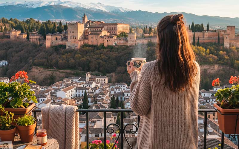 Mujer en su vivienda observando la Alhambra desde el balcón en uno de los mejores barrios para vivir en Granada