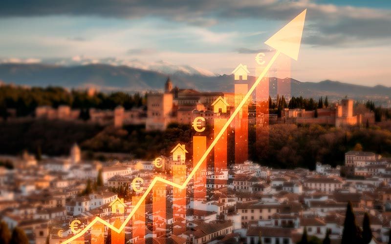 Flecha grande mostrando la subida de precios en el mercado inmobiliario en Granada