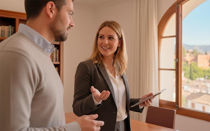 Agente inmobiliario mostrando un piso listo para venta a posible comprador en Granada