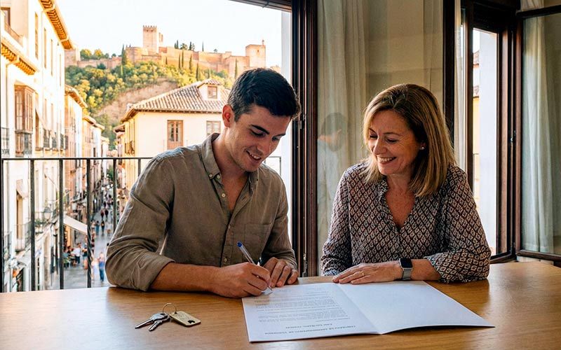 Reunión entre propietario e inquilino para firmar un contrato de alquiler en Granada