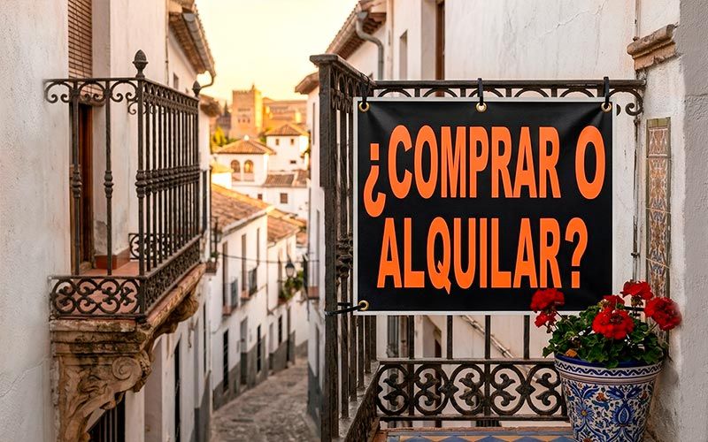 Cartel que muestra la duda entre comprar o alquilar en Granada