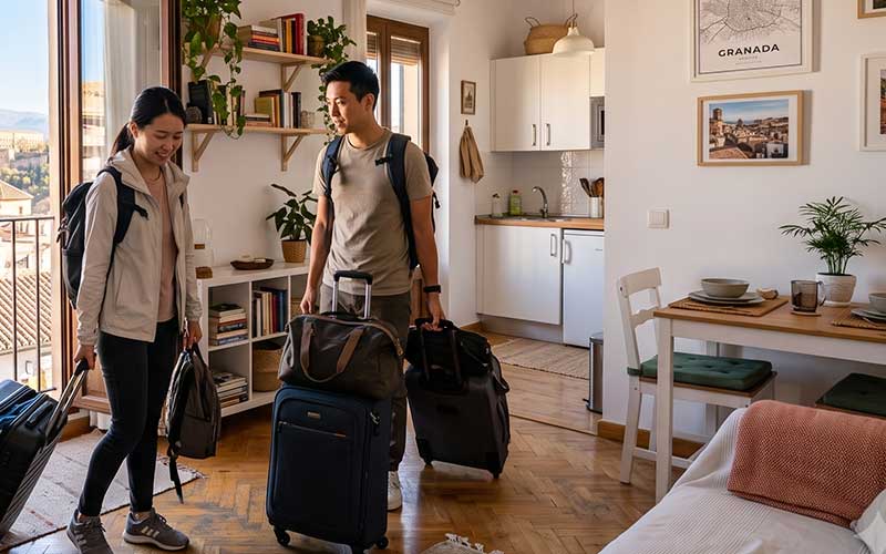 Estudiante universitario en un piso vacío en Granada alquilado por habitaciones.