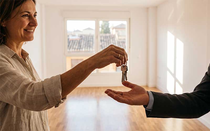 Propietario firmando la venta de un piso vacío en Granada ante notario.